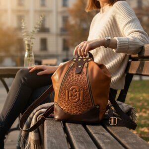 Marino Orlandi Cognac Chocolate Leather Embossed Convertible Sling Backpack